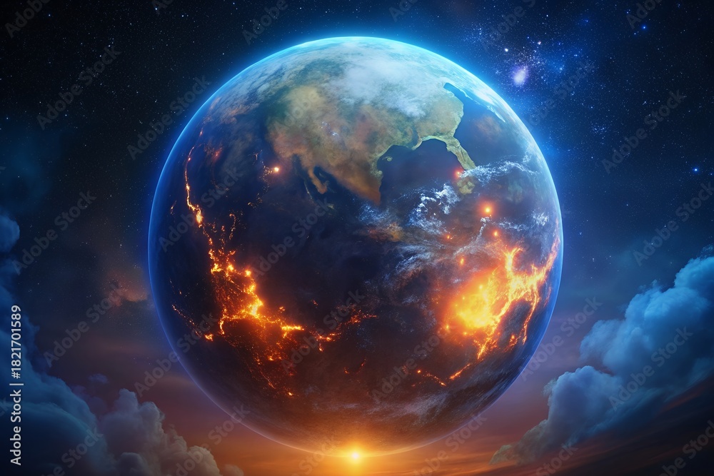 Obraz premium Vibrant earth illuminated by celestial light and cosmic dust