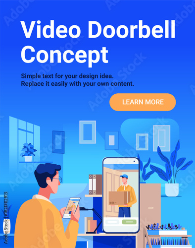 Video doorbell concept smart home security delivery man appears on smartphone screen modern living room background technology banner