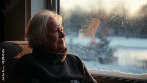 Sitting woman in cushioned seat gazing at frosted window, snowy sill in dark turtleneck, copy space