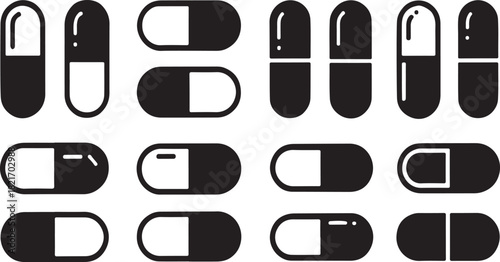 Assortment of Pill and Capsule Icons in Black and White medicine drug