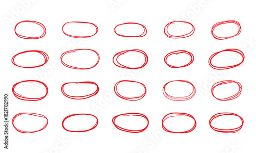 Doodle Hand-Drawn Brush Circle. Red Grunge Circle and Oval Frames. Hand Drawn Red Highlighter Circles.. Rough Brush Circle Outline Collection.