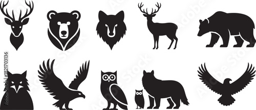 Assortment Of Woodland And Bird Of Prey Silhouettes In Black wildlife animals
