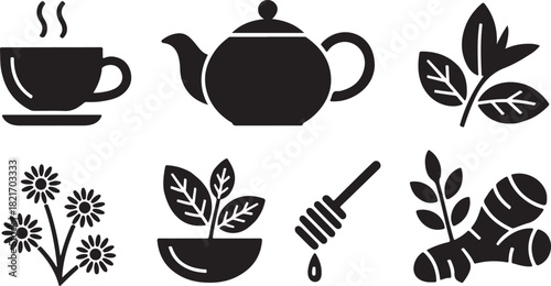 Black Icons Representing Tea Ingredients and Accessories saucer steam