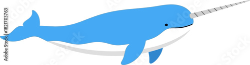 Simple illustration of a blue narwhal with a horn swimming in a black water background