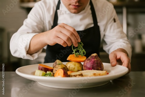 Fototapeta Naklejka Na Ścianę i Meble -  Chef garnishing a plate of roasted vegetables with fresh herbs in a professional kitchen