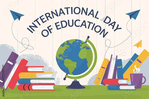 International day of education concept with a globe, stacks of colorful books, and paper airplanes, symbolizing global learning, knowledge, and academic pursuit for students worldwide