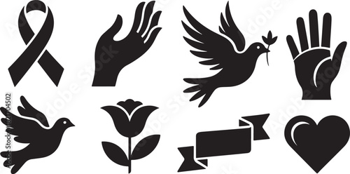Collection of black silhouette icons for awareness and peace ribbon hand