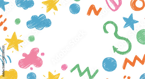 Playful crayon doodle shapes kids background border