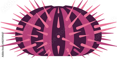 Stylized depiction of a sea urchin in shades of purple and pink against black backdrop