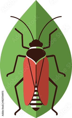 Stylized insect graphic illustration on a verdant leaf background evokes nature's detail