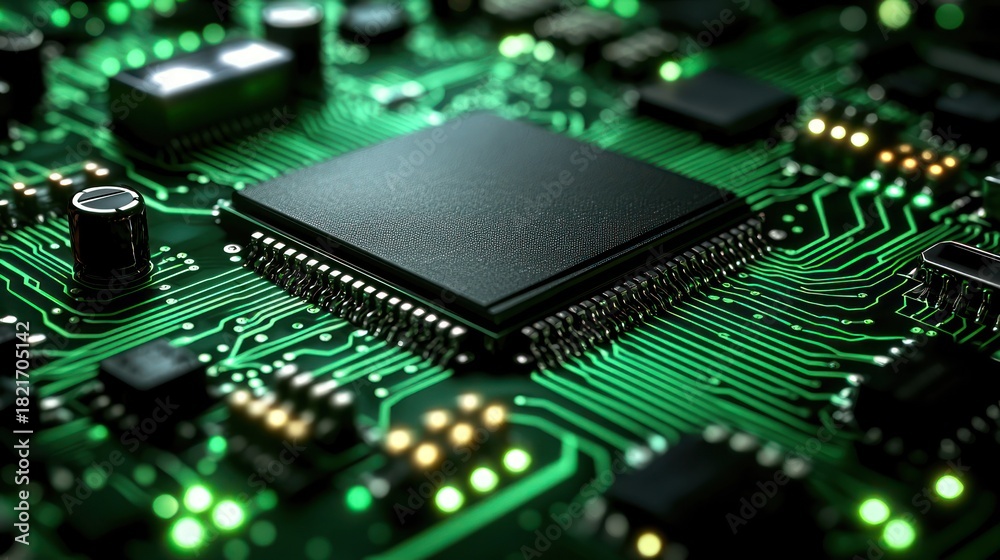 Obraz premium Green circuit board with central black chip, detailed circuitry