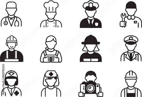 Diverse Professions Icon Set Featuring Doctors Chefs Police Officers and More