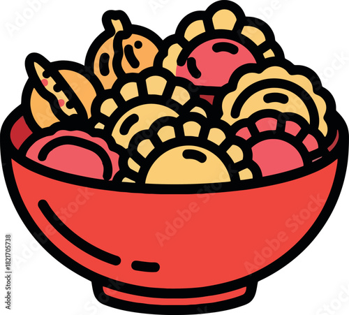 A vibrant red bowl filled with delicious dumplings illustration.
