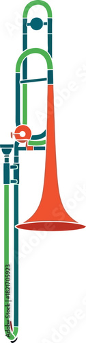 Vibrant trombone illustration on black background, musical instrument with bold color palette
