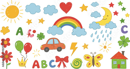 Colorful whimsical children's hand-drawn doodles