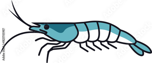 Whimsical aquatic vector graphic featuring a stylized teal shrimp with delicate features
