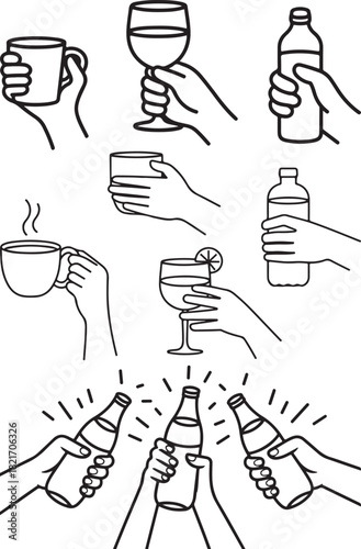 Hands Holding Various Drinks and Toasting Bottles beverage