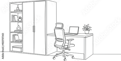 Minimal Continuous Line Home Office Workspace Drawing.