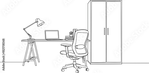Modern Home Office Continuous Line Interior Sketch.
