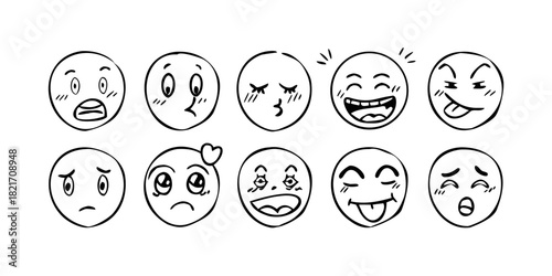Hand drawn doodle emoji faces with various expressions