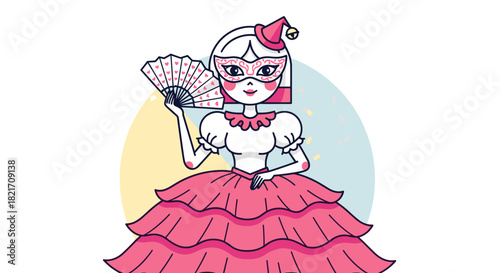 Illustration of a woman in a masquerade costume holding a decorative fan