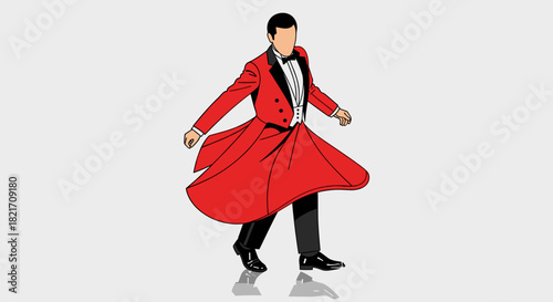 Illustration of a man in a red tailcoat and black pants with a bow tie attire