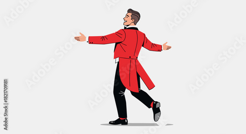 Illustration of a man in a red tailcoat with arms outstretched and looking up