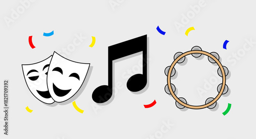 Illustration featuring musical note, tambourine, masks, and confetti pieces