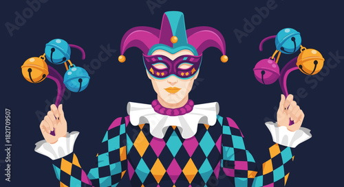 Jester in harlequin suit holding bell sticks against a dark blue surface