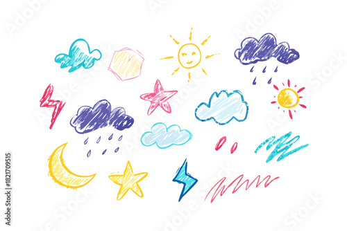 Hand drawn crayon weather icons on white background