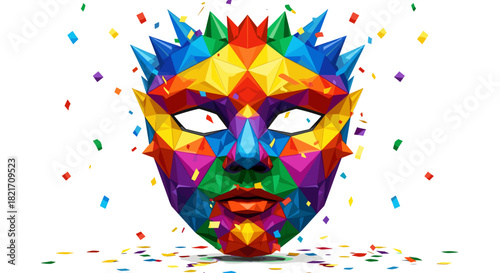 Illustration of a colorful geometric mask with confetti in the air around it