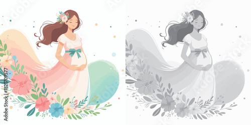 Vector set and shades of gray pregnant women on a white background