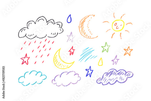 Hand drawn crayon weather elements on white background 1