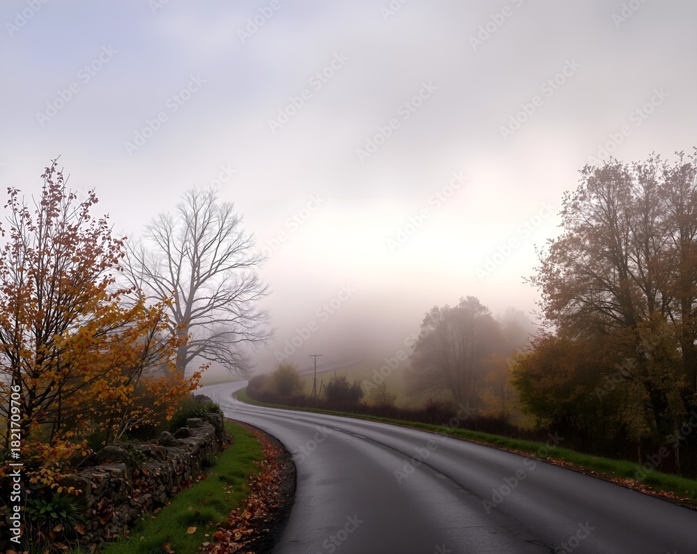 Fototapeta premium Autumnal Mist-Shrouded Road Through Tranquil, Rolling Hills