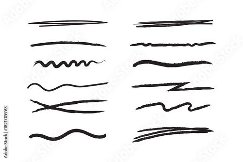 Chalk lines, charcoal highlight strokes doodle set. Pencil underlines, kids crayon strips, brush line in sketch style. Grunge texture. Hand drawn vector illustration isolated on white background