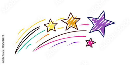 Hand drawn colorful shooting stars with trails streak