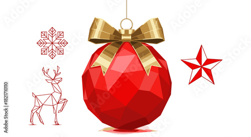 Geometric christmas ornament with bow and holiday icons in red and gold hues