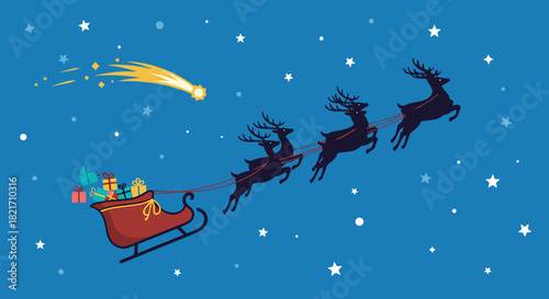 Santa's sleigh pulled by reindeer flying through the starry night sky scene