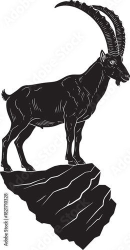 Majestic Alpine Ibex Silhouette Standing Proudly on Rocky Outcrop Vector Illustration Isolated Design
