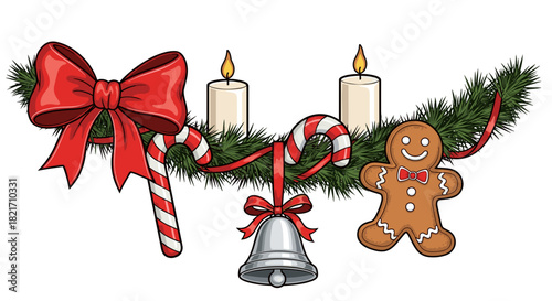 Holiday decoration featuring a gingerbread man, candles, and candy canes