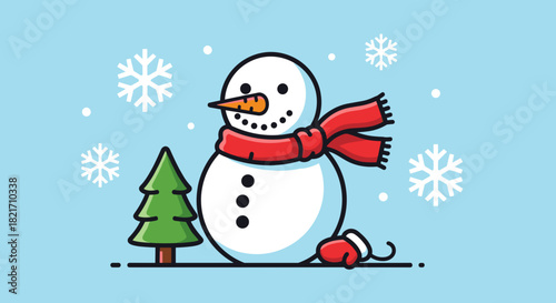 Illustration of a snowman with a red scarf and tree in a winter scene
