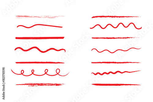  Red Black color crayon underline set - horizontal hand drawn chalk or marker highlighter strokes. Brush vector collection. Grunge Elements - Brush strokes, ink paint brush, grunge lines.