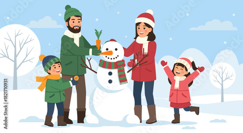 Family building a snowman together in a snowy landscape on a winter day out