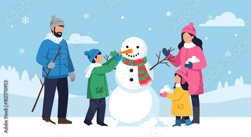 Family building a snowman together in a snowy landscape during the winter time