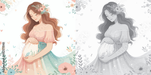 Vector set and shades of gray pregnant women on a white background