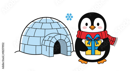 Cartoon penguin with scarf holding gift near igloo and snowflake illustration