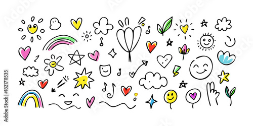 Fun hand drawn rainbow doodle elements heart smiley face