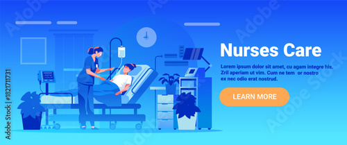 Nurses care hospital patient healthcare medical staff nurse assists man in bed IV monitor plants modern clinic interior blue background website banner