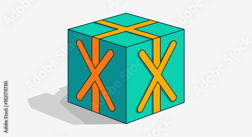 Illustration of a teal rectangular box with orange x shaped straps around it