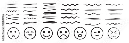 hand-drawn vector line and emoji set featuring doodle strokes, scribbles, zigzags, and abstract curves. Perfect for borders, dividers, grunge designs, graphic elements, and artistic decorations. 